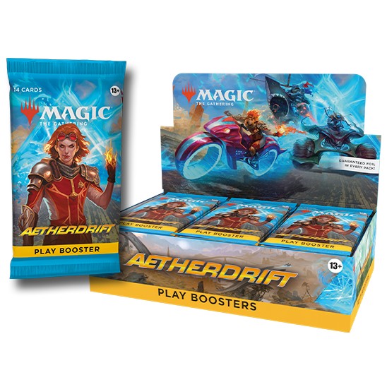 Aetherdrift Play Booster pack for Magic: The Gathering, shown beside its display box