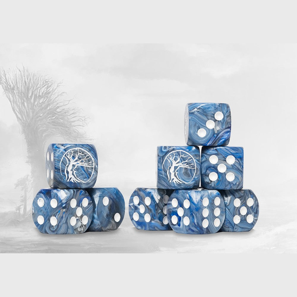 Conquest Faction Dice Nords, blue swirl D6 set with white tree symbol, Para Bellum Games