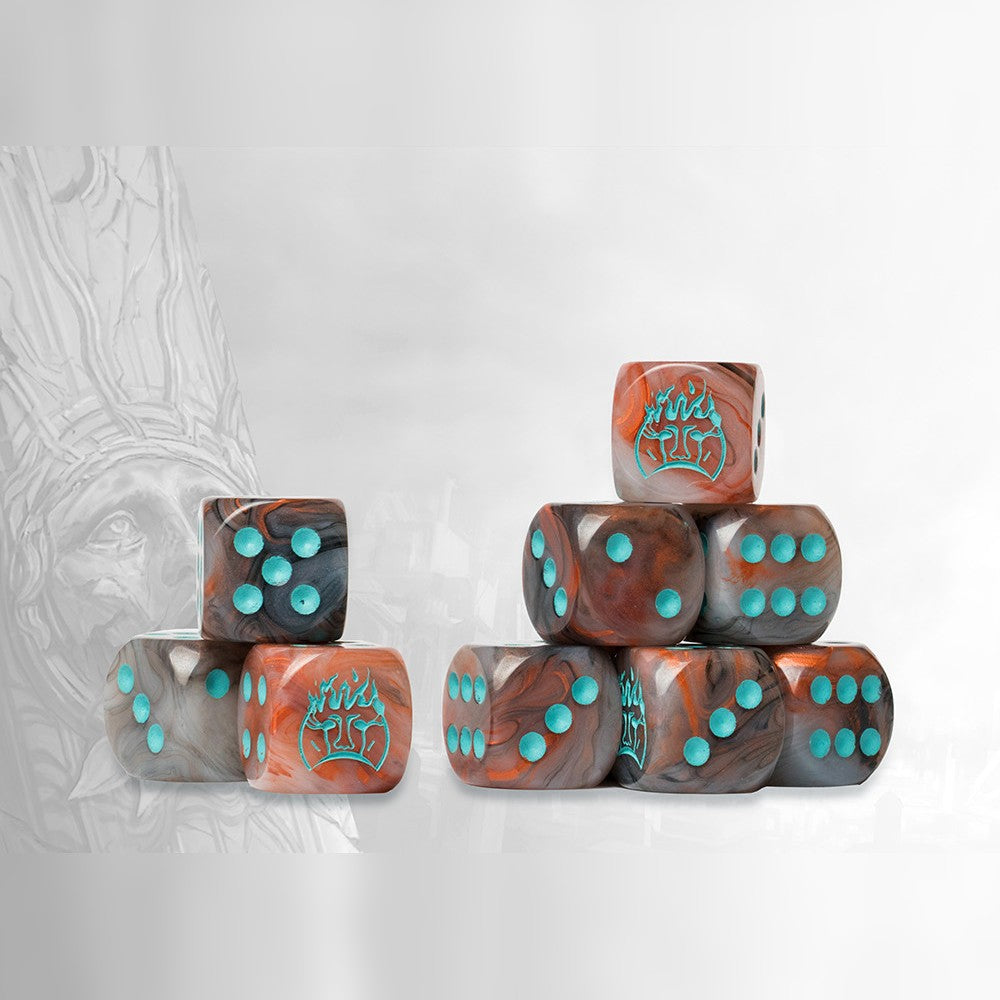 Seven orange and grey marbled dice with turquoise pips and the Old Dominion flaming face emblem
