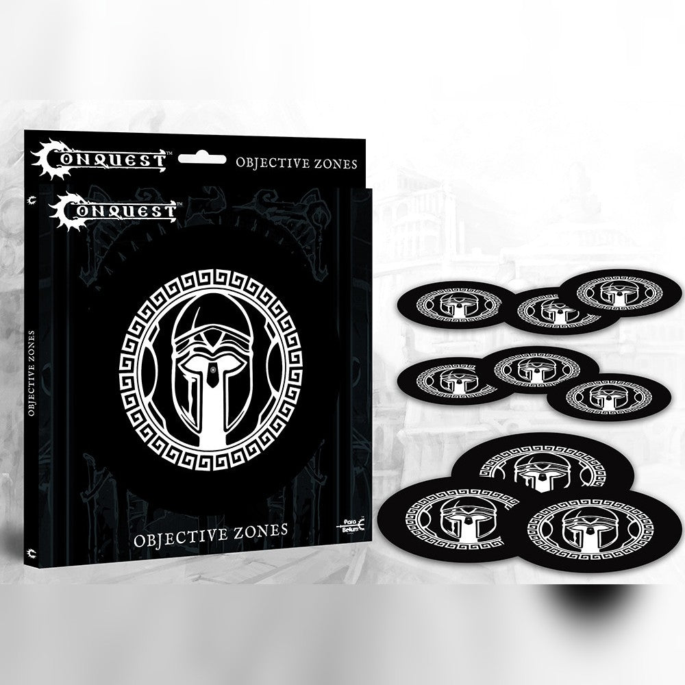 Conquest Objective Zones City States box with nine black tokens showing a Greek helmet crest