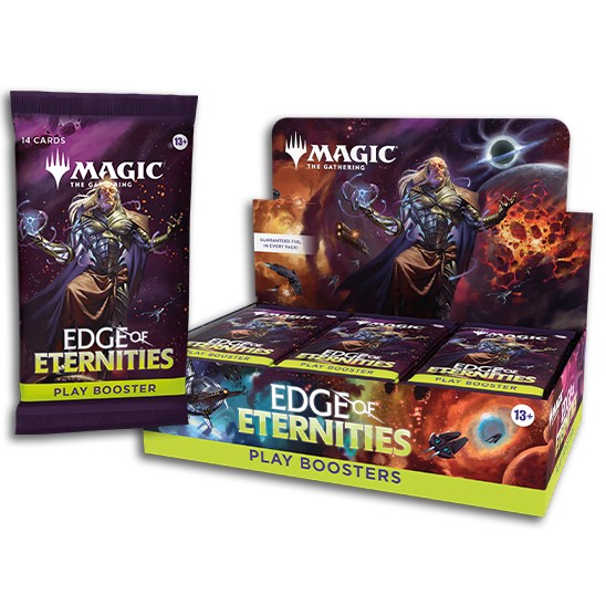 Edge of Eternities Play Booster pack for Magic: The Gathering, shown beside its display box