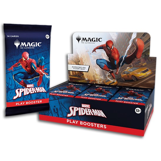 Marvel's Spider-Man Play Booster pack for Magic: The Gathering, shown beside its display box