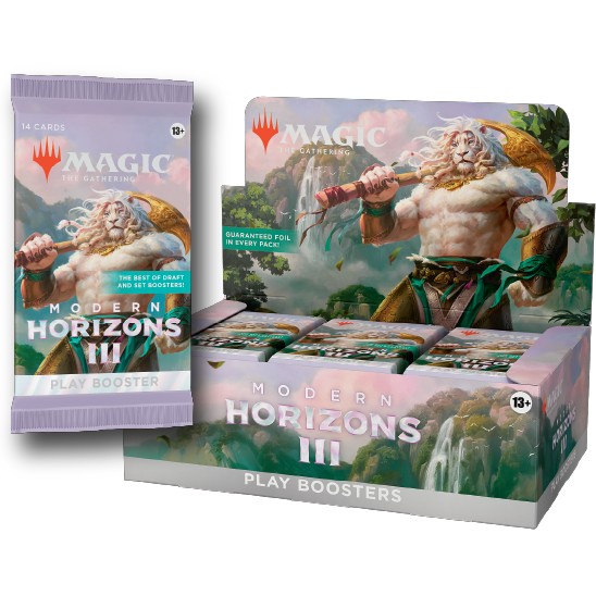 Modern Horizons 3 booster pack for Magic: The Gathering, shown beside its display box