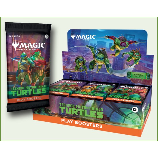 Teenage Mutant Ninja Turtles Play Booster pack for Magic: The Gathering, shown beside its display box