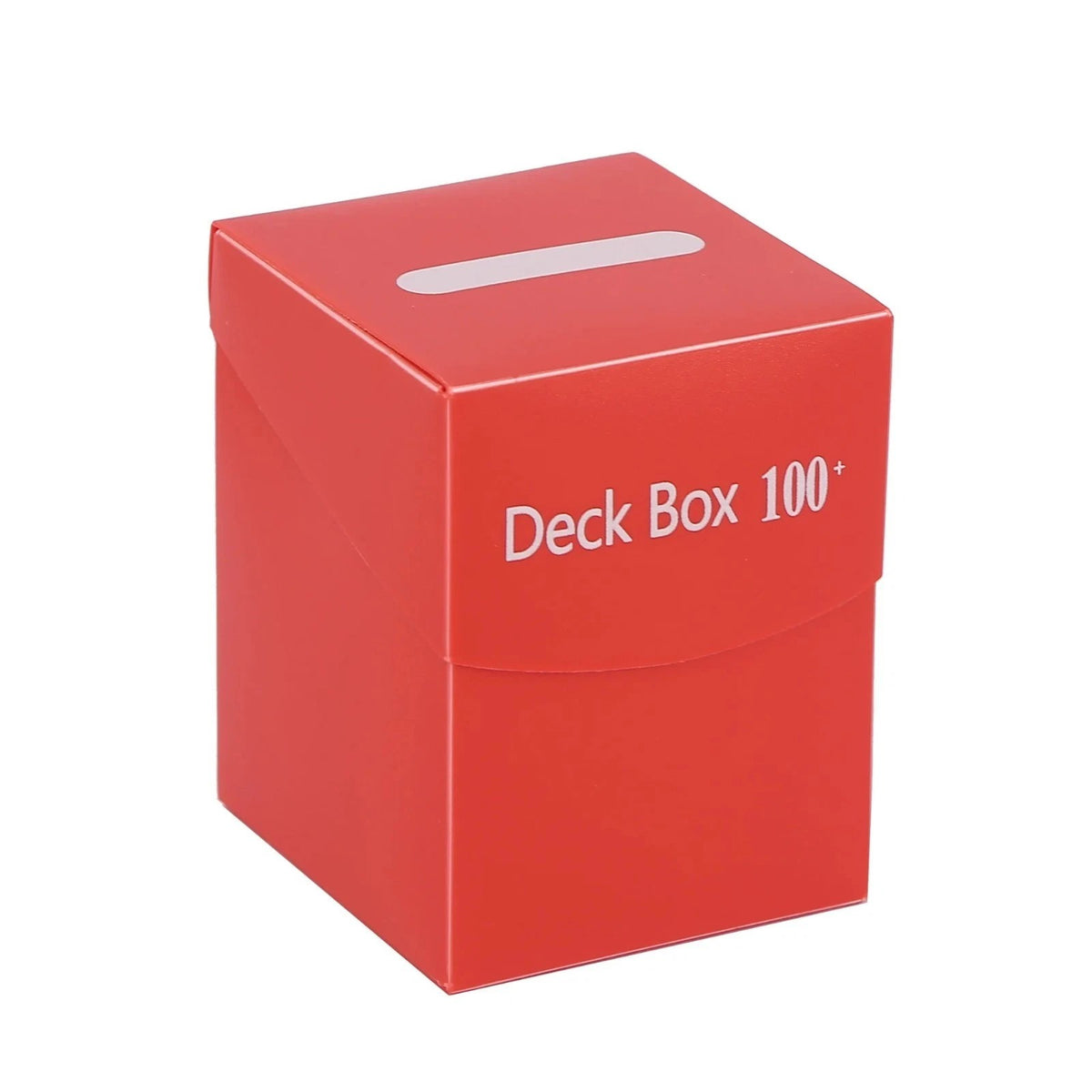 Red deck box printed Deck Box 100 plus, holds 100 standard trading cards