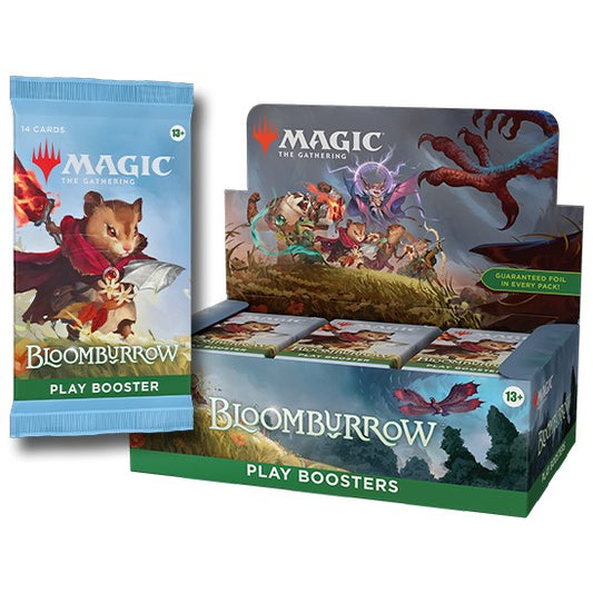 Bloomburrow booster pack for Magic: The Gathering, shown beside its display box