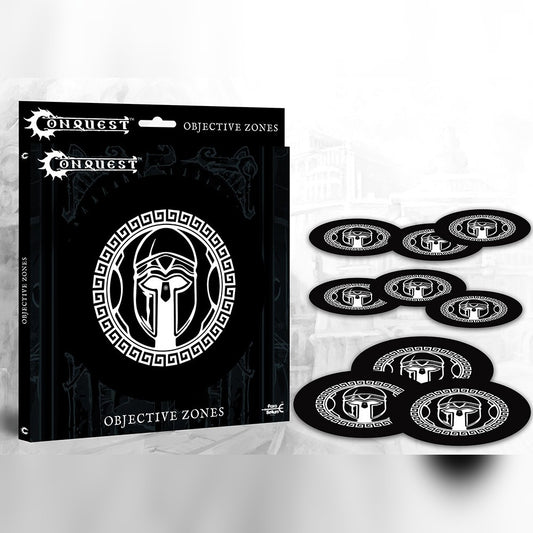 Conquest Objective Zones City States box with nine black tokens showing a Greek helmet crest