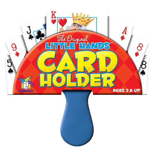 Gamewright The Original Little Hands playing card holder, a red fan shaped holder with a blue handle