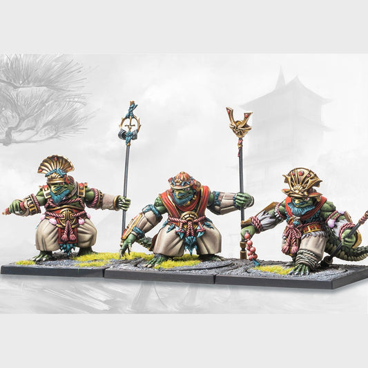 Three Kappa Bushi kappa warrior miniatures with tall standards, Conquest Yoroni faction