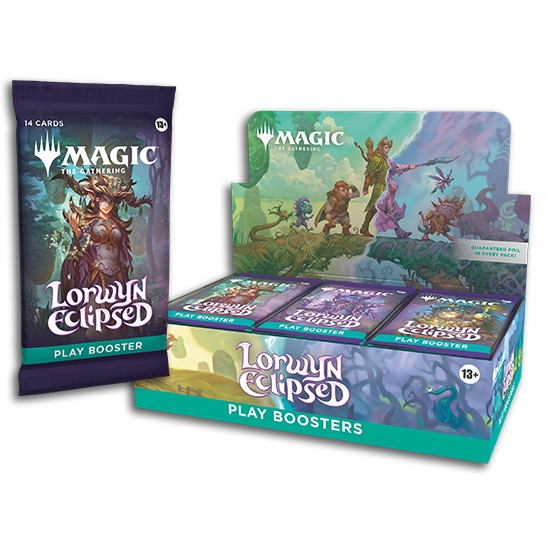 Lorwyn Eclipsed Play Booster pack for Magic: The Gathering, shown beside its display box