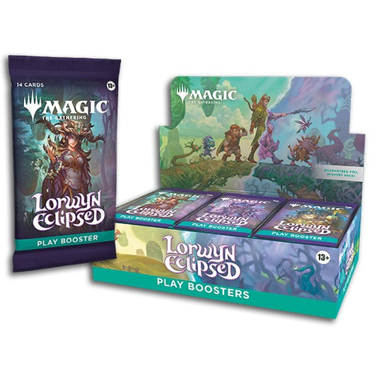 Lorwyn Eclipsed Play Booster pack for Magic: The Gathering, shown beside its display box