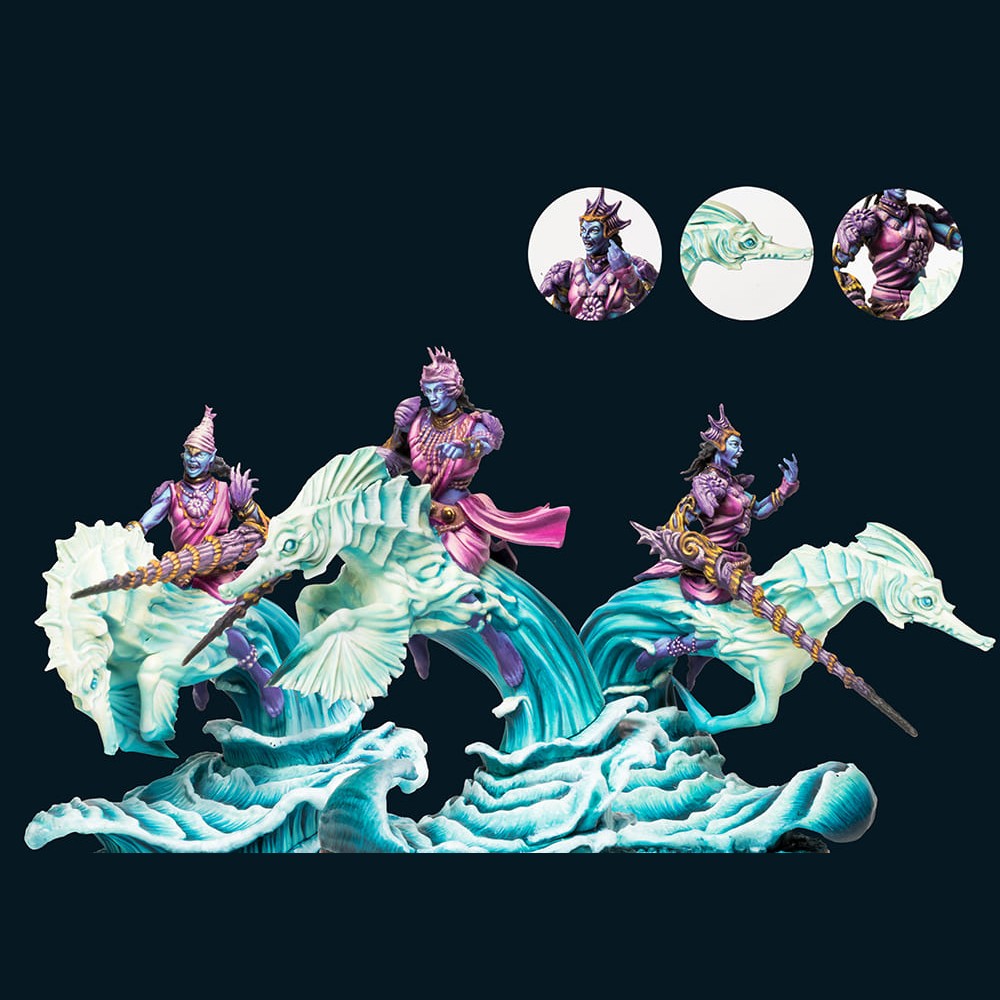 Marid Lancers painted miniatures on seahorse mounts for Conquest, Sorcerer Kings faction