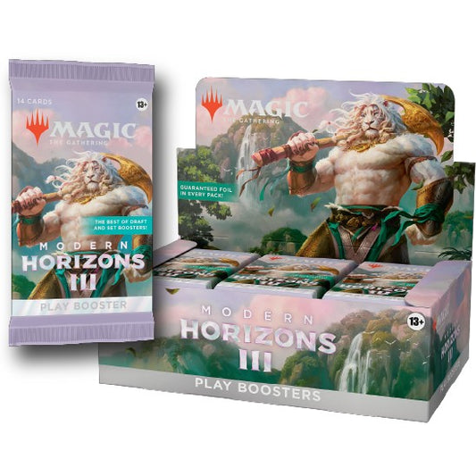 Modern Horizons 3 booster pack for Magic: The Gathering, shown beside its display box