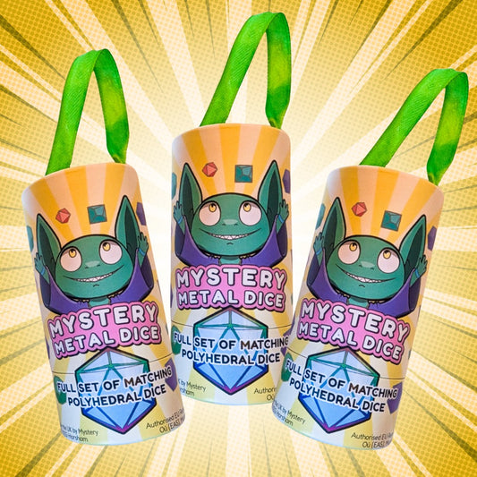 Mystery Dice Goblin Metal Dice mystery bags in goblin printed tubes, each a full set of matching polyhedral dice