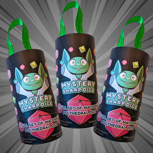 Mystery Dice Goblin Sharp Dice mystery bags in goblin printed tubes, each a full set of matching polyhedral dice