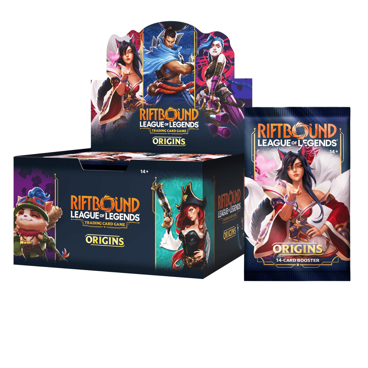 Riftbound: Origins booster pack for Riftbound: League of Legends TCG, shown beside its display box