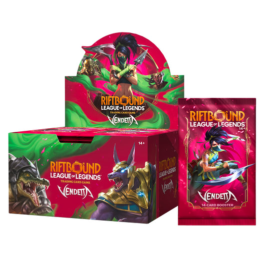 Riftbound: Vendetta booster pack for Riftbound: League of Legends TCG, shown beside its display box