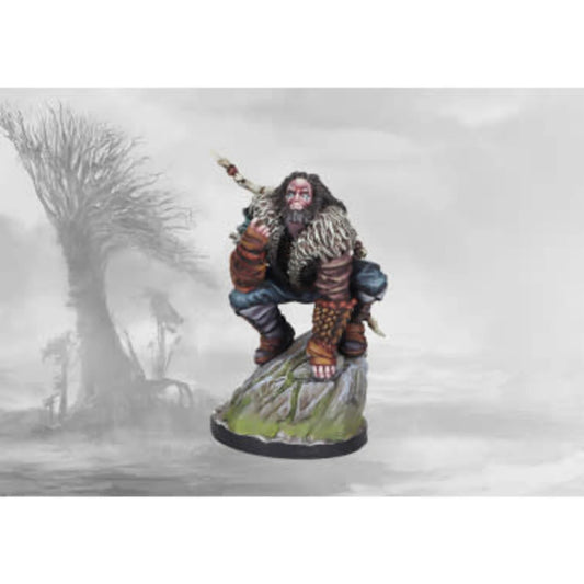 Painted Savage miniature, a crouching Nords warrior on a rock, for Conquest The Last Argument of Kings
