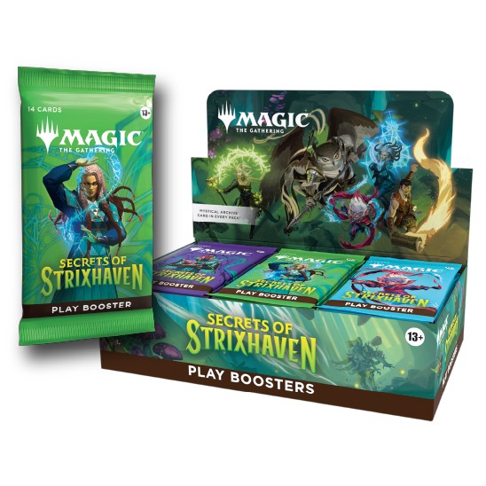 Secrets of Strixhaven Play Booster pack for Magic: The Gathering, shown beside its display box