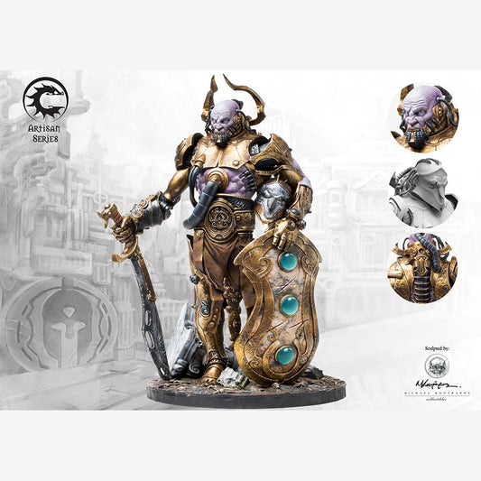 Talos titan miniature in gold armour with sword and shield, Conquest City States faction