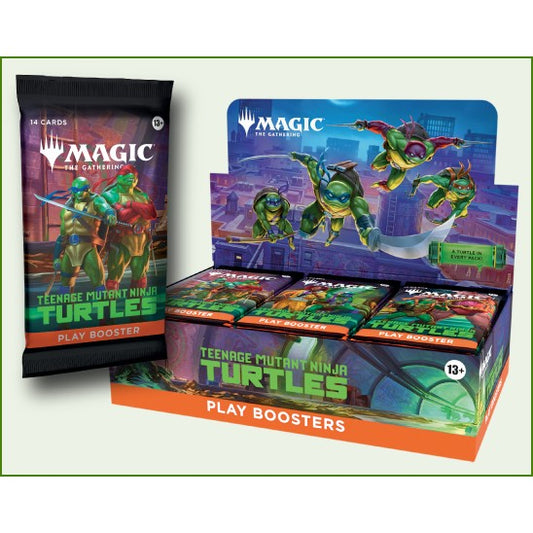 Teenage Mutant Ninja Turtles Play Booster pack for Magic: The Gathering, shown beside its display box