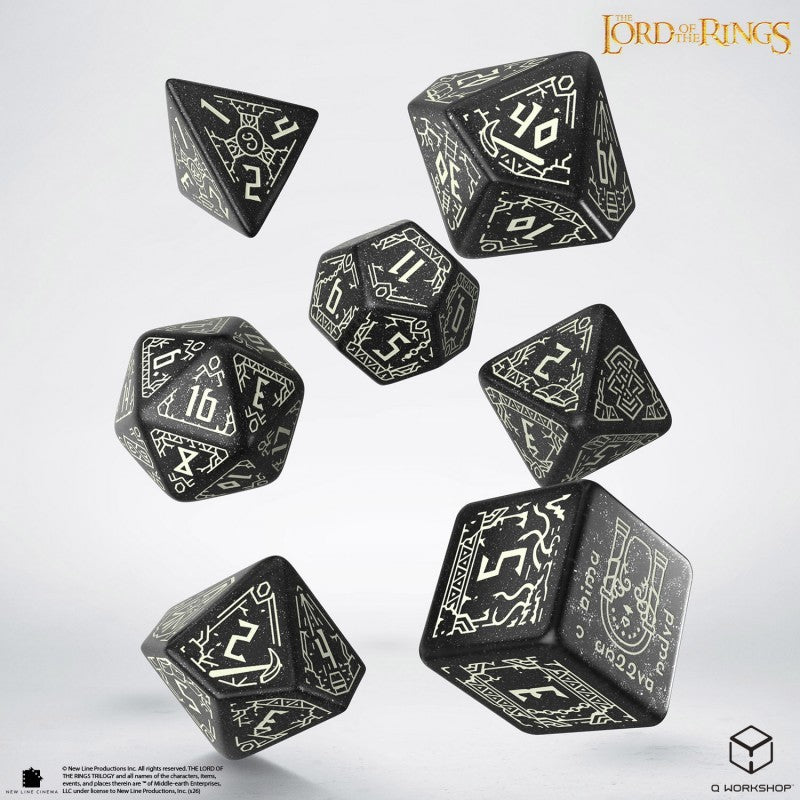 The Lord of the Rings Moria glow in the dark polyhedral dice set, black dice with pale rune designs