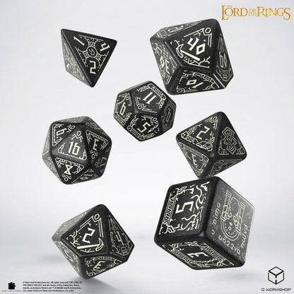 The Lord of the Rings Moria glow in the dark polyhedral dice set, black dice with pale rune designs