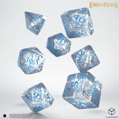 The Lord of the Rings Rivendell polyhedral dice set, clear dice with blue swirl designs
