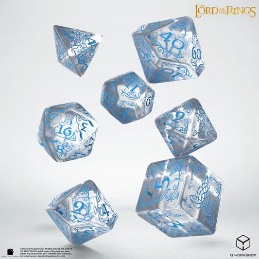 The Lord of the Rings Rivendell polyhedral dice set, clear dice with blue swirl designs