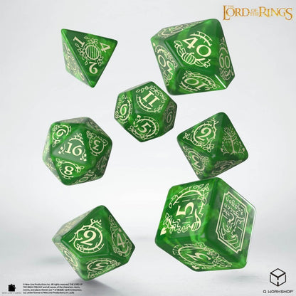 The Lord of the Rings Shire polyhedral dice set, green dice with cream swirl designs