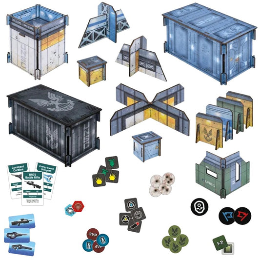 UNSC Base Terrain set contents for Halo Flashpoint, card terrain pieces and weapon tokens